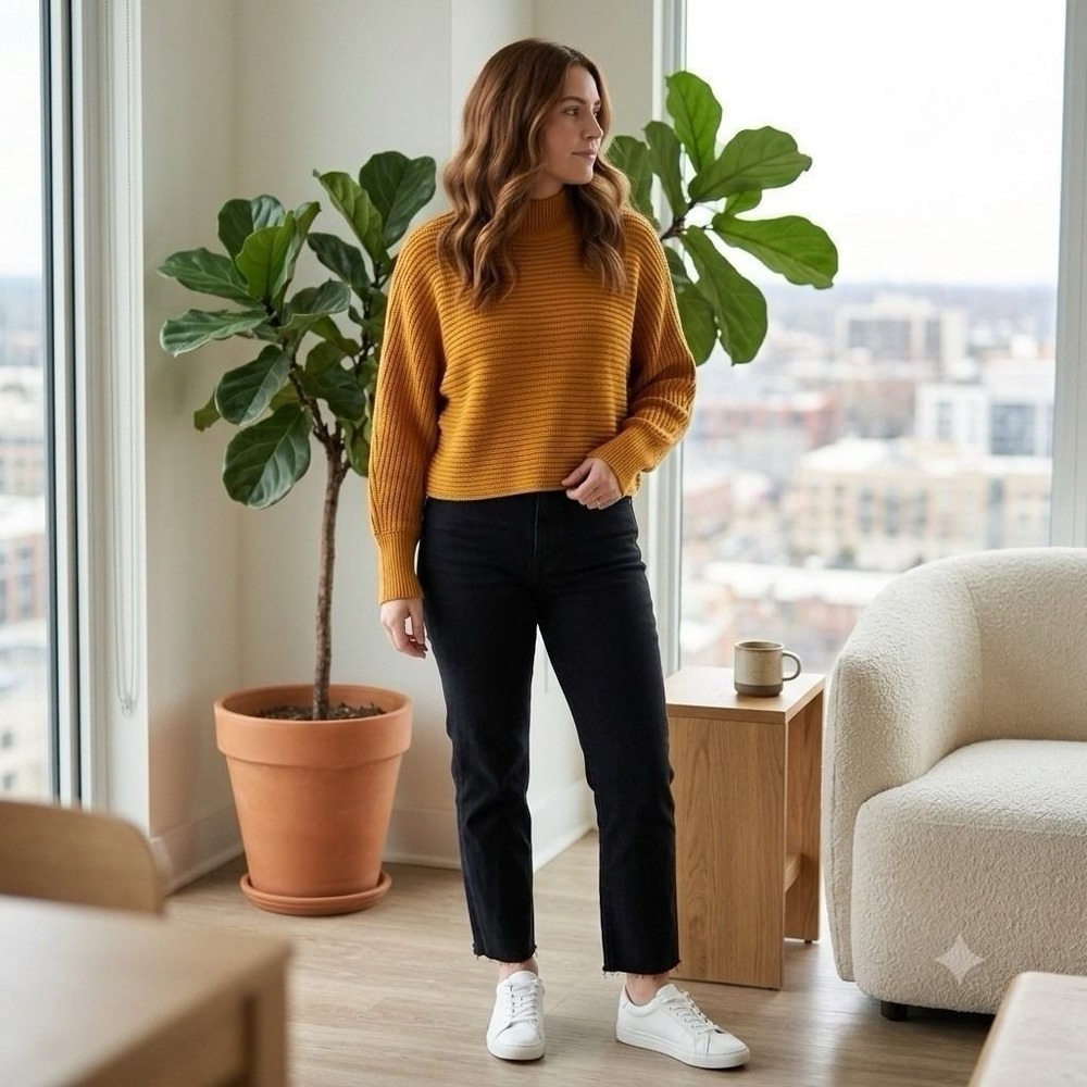 Mustard Gold Chunky Knit Mock Neck Cropped Sweater Minimalist Quiet Luxury l